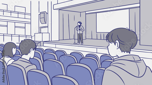 Cartoon illustration of a speaker on stage addressing an audience.