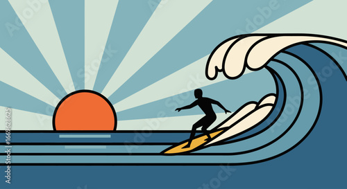 A retro-style illustration of a surfer carving a stylized wave. The bold lines and a dramatic sunburst evoke the timeless, cool vibe of an endless summer.