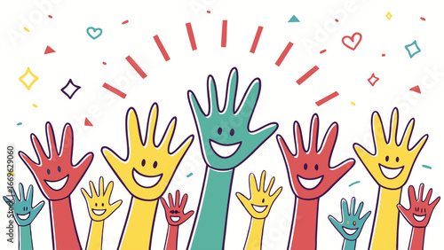 Cheerful Cartoon Hands Raised in Celebration with Confetti.