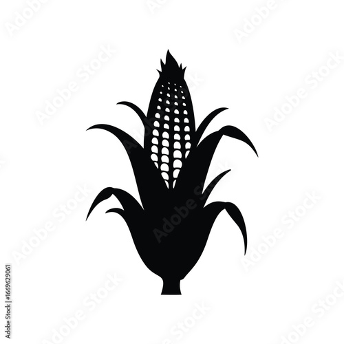 Simple silhouette of a corn cob with leaves on a white background, corn stalk illustration silhouette