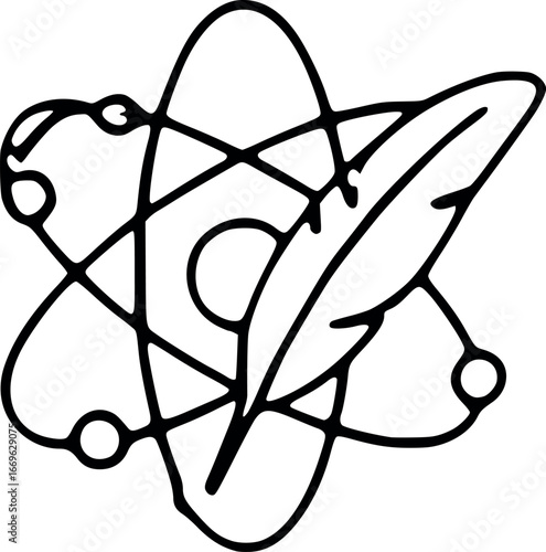 Vector illustration of a black atomic science icon on an abstract background