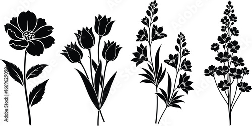 Black silhouette flower set with botanical variety, elegant floral shapes, nature-inspired vector illustration for design, decor, and creative projects