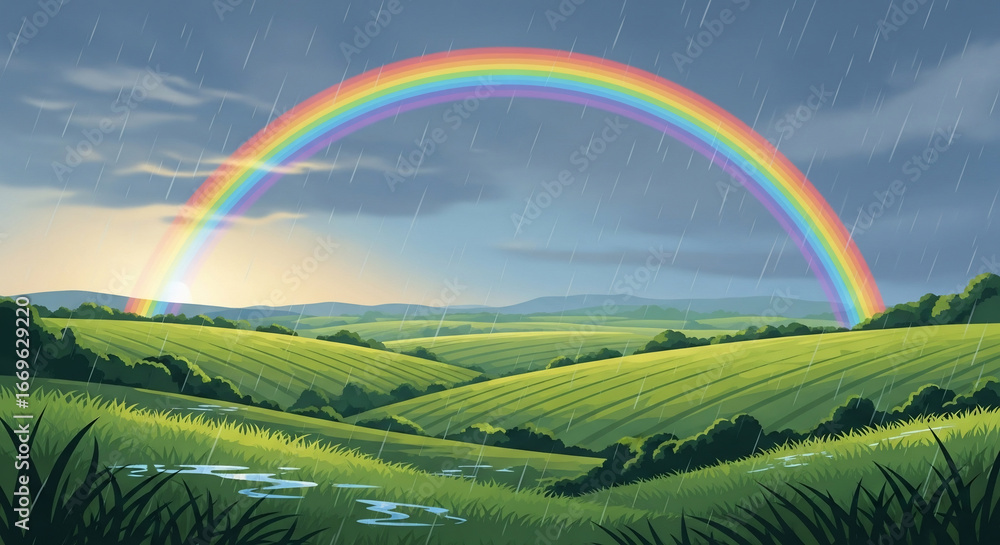 Obraz premium Vibrant Rainbow Over Green Fields After Rain