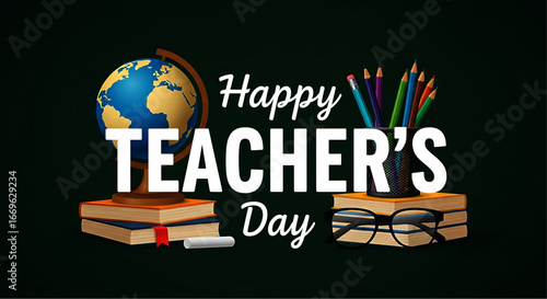 Happy Teacher's Day Greeting with Globe, Books, Pencils, and Glasses.