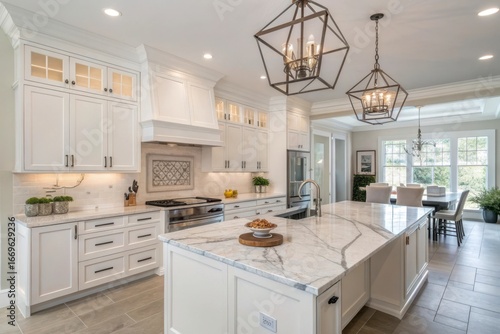 Luxurious modern white kitchen with marble island and elegant pendant lighting