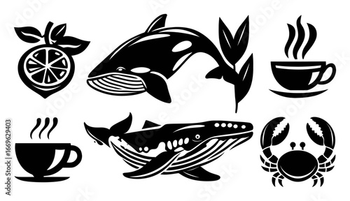 Black and White Vector Icons of Sea Animals, Coffee, and Citrus Fruits