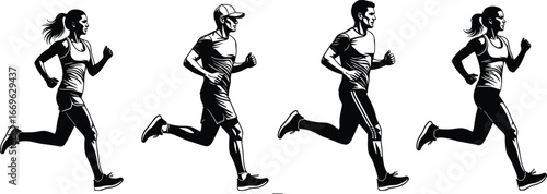 Black and white vector illustration of athletic men and women running in motion, fitness and sports concept for anatomy and movement