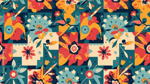 Traditional Bangladeshi folk pattern with modern twist, vibrant flat vector, AI Generate