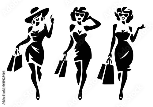 Vintage Fashion Women with Shopping Bags in Black Silhouette Style