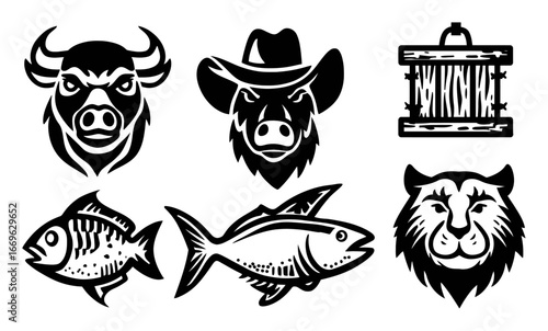 Black and White Illustrations of Wild Animals and Fish with Signs