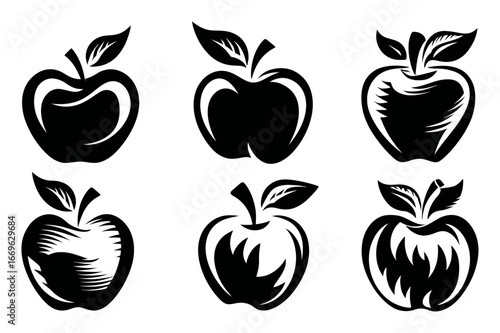 Set of Black and White Apple Illustrations with Leaf Designs for Art