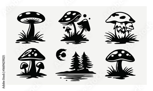 Artistic Black and White Mushroom Illustrations and Forest Designs