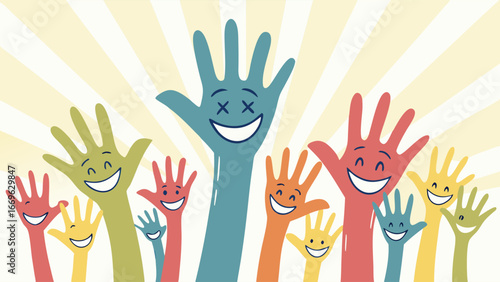 Colorful Cartoon Hands with Smiling Faces and Positive Vibes.