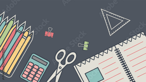 Colorful Stationery Set Pencils Scissors Calculator Notebook and Triangle Ruler.