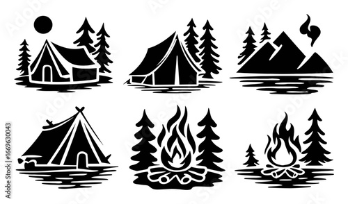 Vintage Camping and Wilderness Symbols in Black and White Style