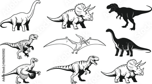 Black and white dinosaur vector set featuring prehistoric reptiles like T-Rex, Triceratops, Pteranodon, Velociraptor, and sauropods in silhouette.