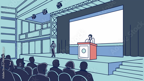 Conference Speaker at Podium Addressing Attendees in Auditorium.