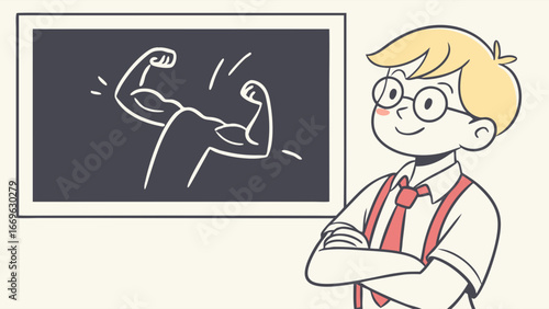 Confident Boy with Biceps Illustration and Board.