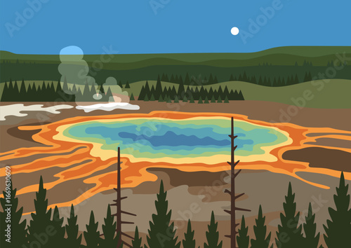 Yellowstone grand prismatic spring with steaming geyser In the evening. Geothermal spring, underground waters coming to surface. National park landscape. Travel inspiration.