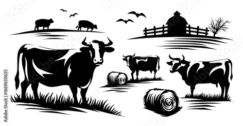 Black and White Silhouette of Cattle in Rural Farm Landscape Scene