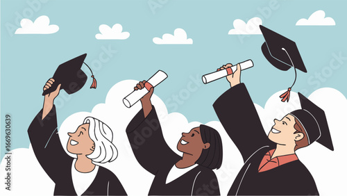 Diverse Graduates Celebrating with Diplomas and Mortarboards in the Sky.