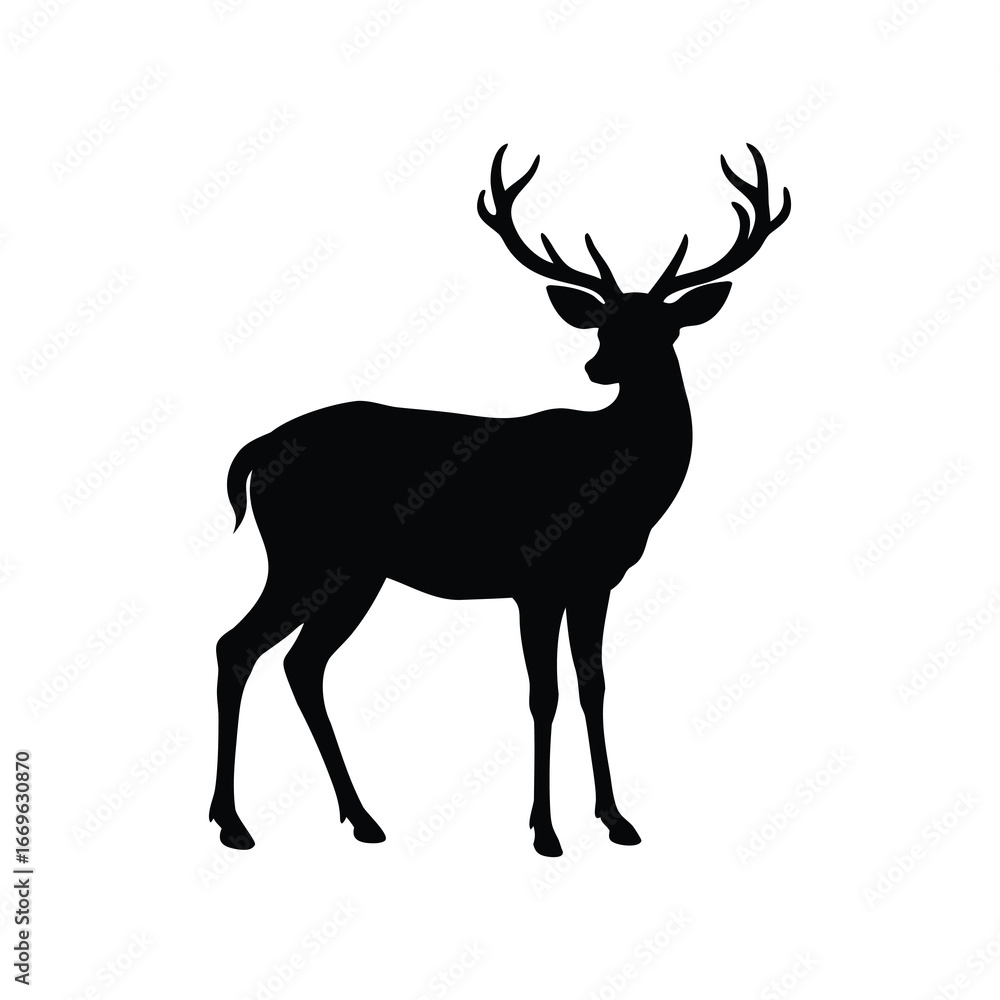 Fototapeta premium Majestic Silhouette of a Stag with Antlers Standing Proudly in the Woods, deer with winter coat illustration silhouette
