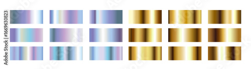 Polished metal hologram frame swatches with iridescent rainbow and gold gradient for premium design elements. Rectangular samples with reflective transitions for luxury branding or decorative borders.