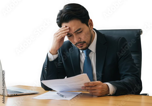 Frustrated businessman is reviewing documents isolated on transparent background