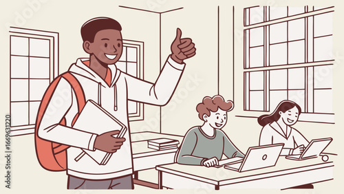 Diverse Students in a Classroom Setting with Teacher Approving.