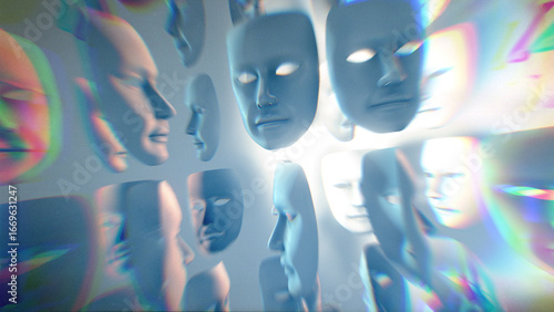 Lots of spinning white theatre masks with dramatic light and shadow.