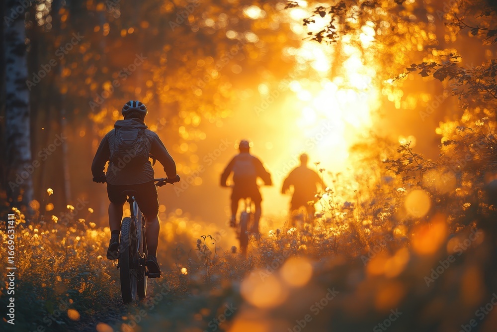 Fototapeta premium Cyclists riding through a sunlit forest path during golden hour in early autumn