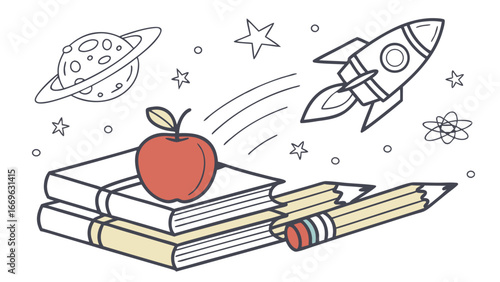 Educational Space Rocket with Books and Apple.