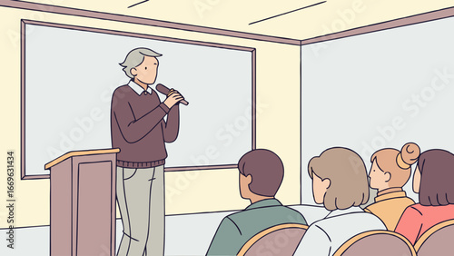 Elderly Man Giving Presentation with Microphone at Podium.