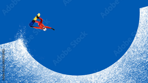 фотографія Snowboarder upside down trick in colorful collage with snow curve