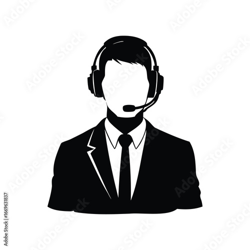 Icon depicting customer service representative wearing headset and suit in black silhouette, employee with headset illustration silhouette