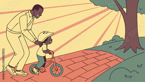 Father Teaching Child to Ride Bike on Sunny Path.