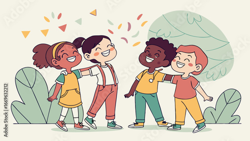 Four Happy Children Embracing Friendship.