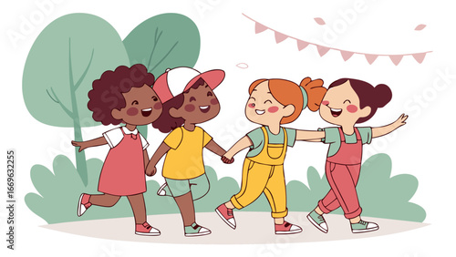 Four Happy Children Walking Together in a Park.