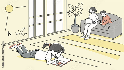 Girl Lying on Floor Drawing in Notebook Family Relaxing at Home.