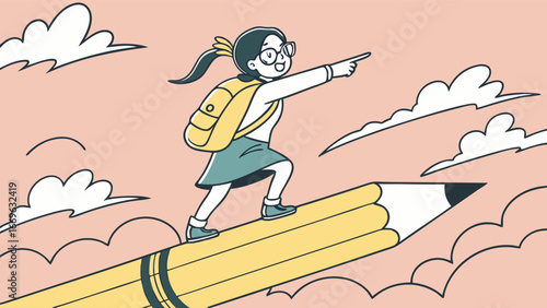 Girl on a Flying Pencil Reaching for Dreams.