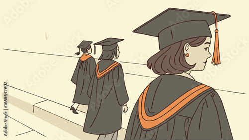 Graduates in Gowns Walking Towards Graduation Ceremony.