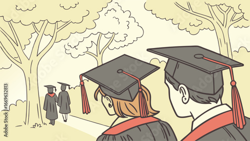 Graduation Ceremony Graduates Walking in Park.