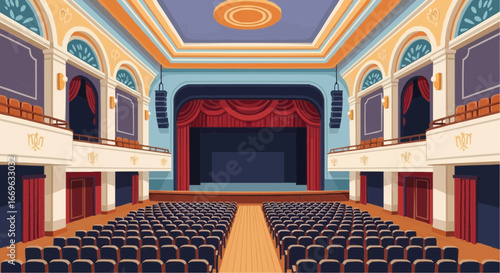 Illustration of a classic empty auditorium with a stage, red curtains, rows of seats, and ornate architectural details, ready for a performance.