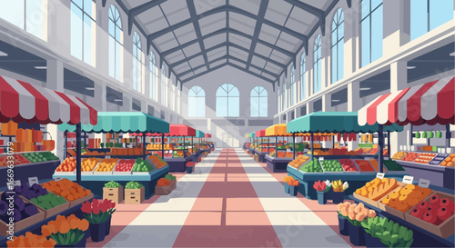 Vibrant indoor market scene showcasing a wide array of fresh fruits, vegetables, and floral displays.