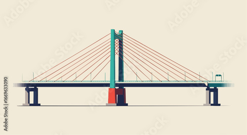 A modern cable-stayed bridge with a distinctive green pylon and red base, spanning across a body of water with a simple, flat design.