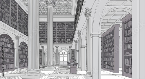 Interior view of a grand library with tall columns, arches, and bookshelves filled with books.