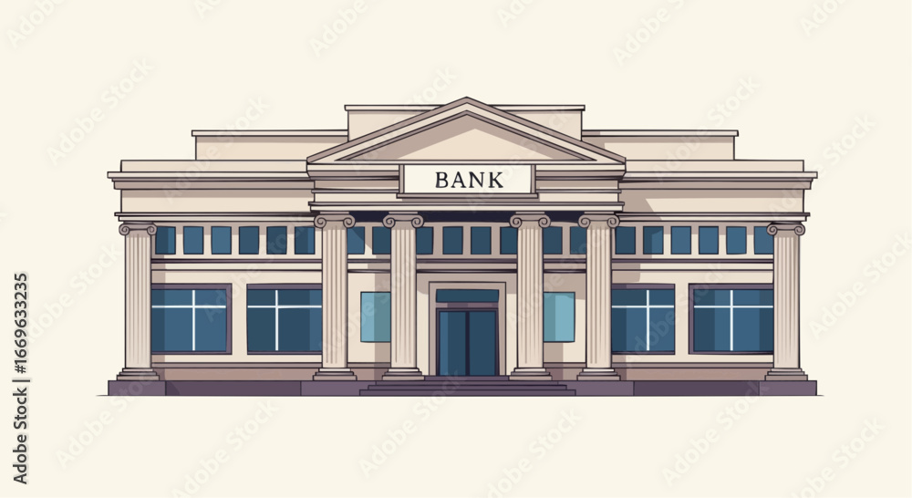 Fototapeta premium Illustration of a classical bank building with columns, windows, and a sign.