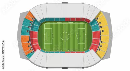 Top-down view of a modern football stadium with colorful seating sections and a green pitch.