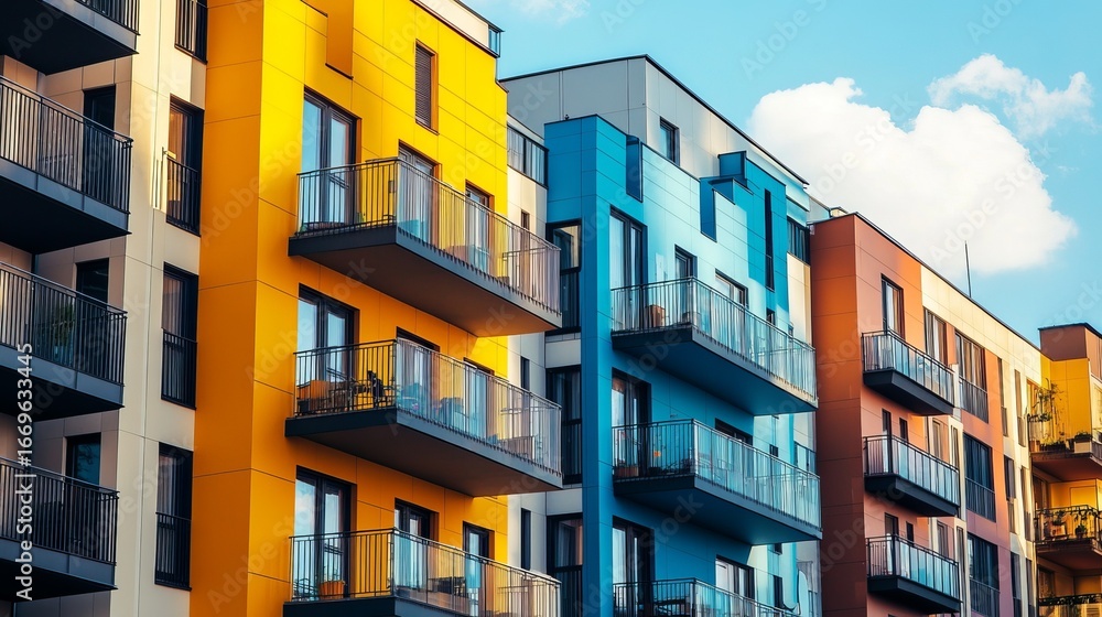 Obraz premium Colorful apartment buildings with balconies under a partly cloudy sky