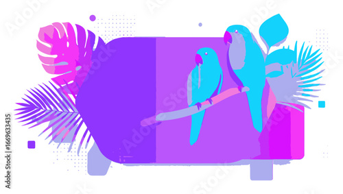 Colorful Illustration of Tropical Birds Perched on Branch with Leaves